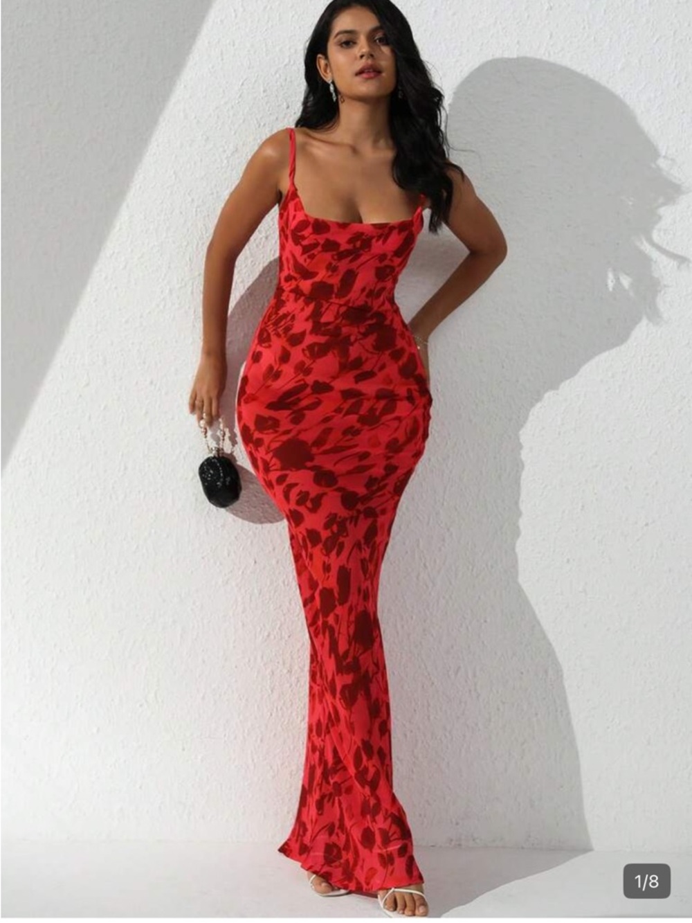 Red Floral Cowl-Neck Maxi Dress with Spaghetti Straps